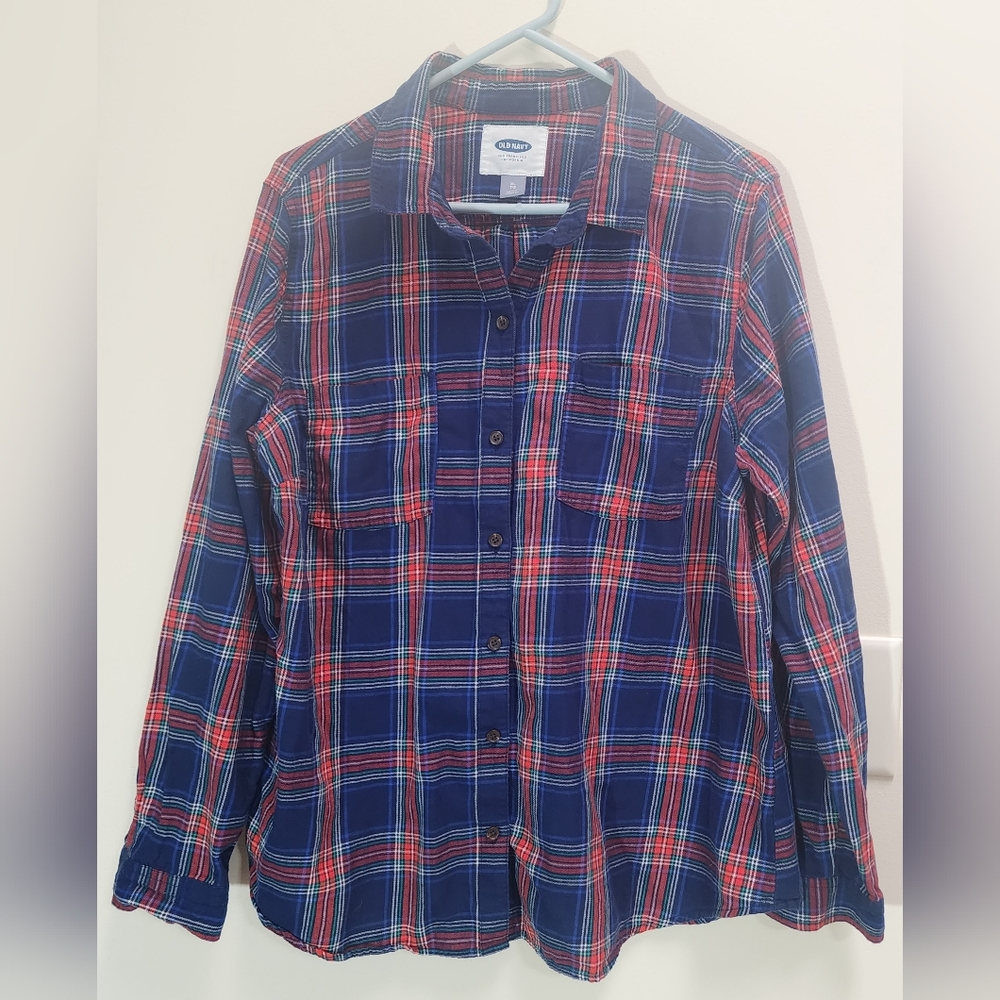 Old Navy Blue, Green, Red and White Flannel Button-up Shirt Women's Size XL